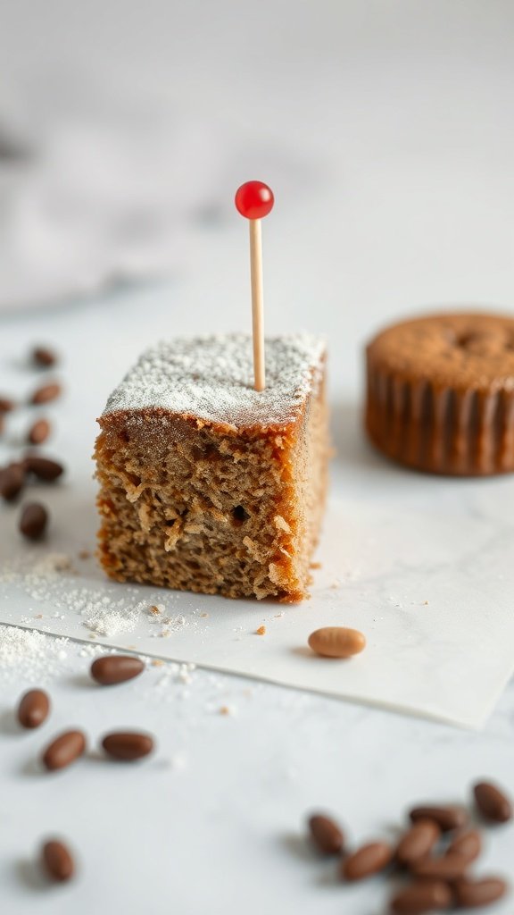 A slice of sour cream coffee cake with a toothpick inserted, surrounded by coffee beans.