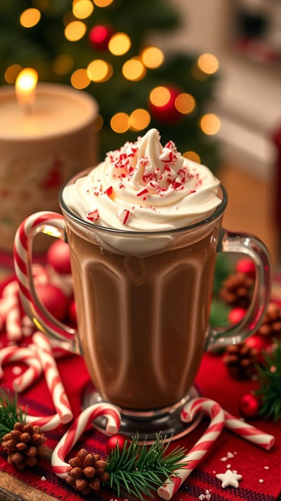 A peppermint mocha topped with whipped cream and crushed candy canes, surrounded by festive decorations.
