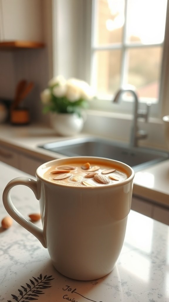 A cup of Vanilla Almond Latte topped with almond slices, placed on a kitchen counter.