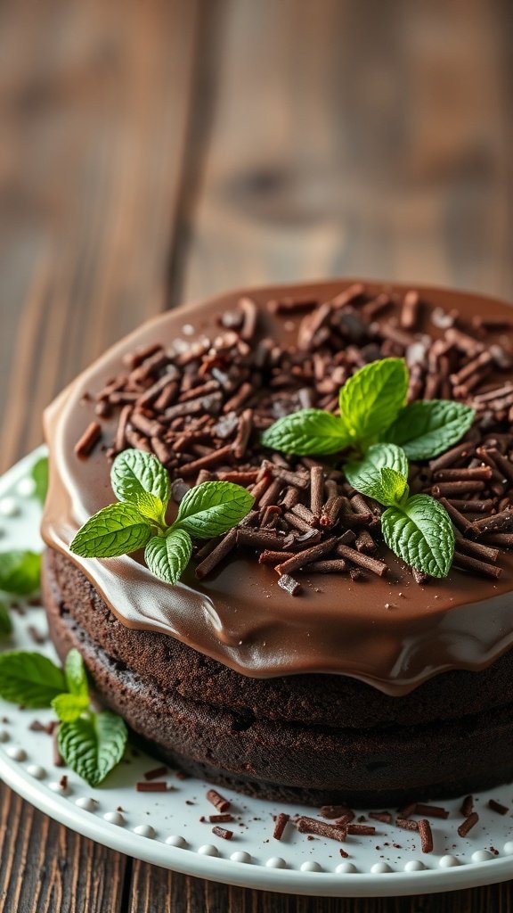 Chocolate cake topped with mint leaves and chocolate sprinkles.