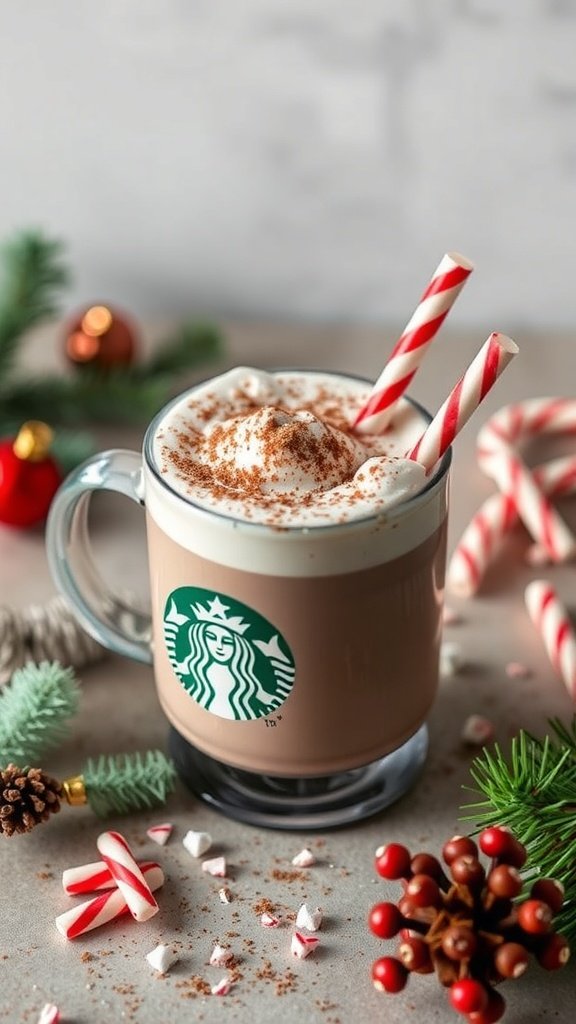 A peppermint mocha topped with whipped cream, cocoa, and candy canes, served in a clear mug with festive decorations.