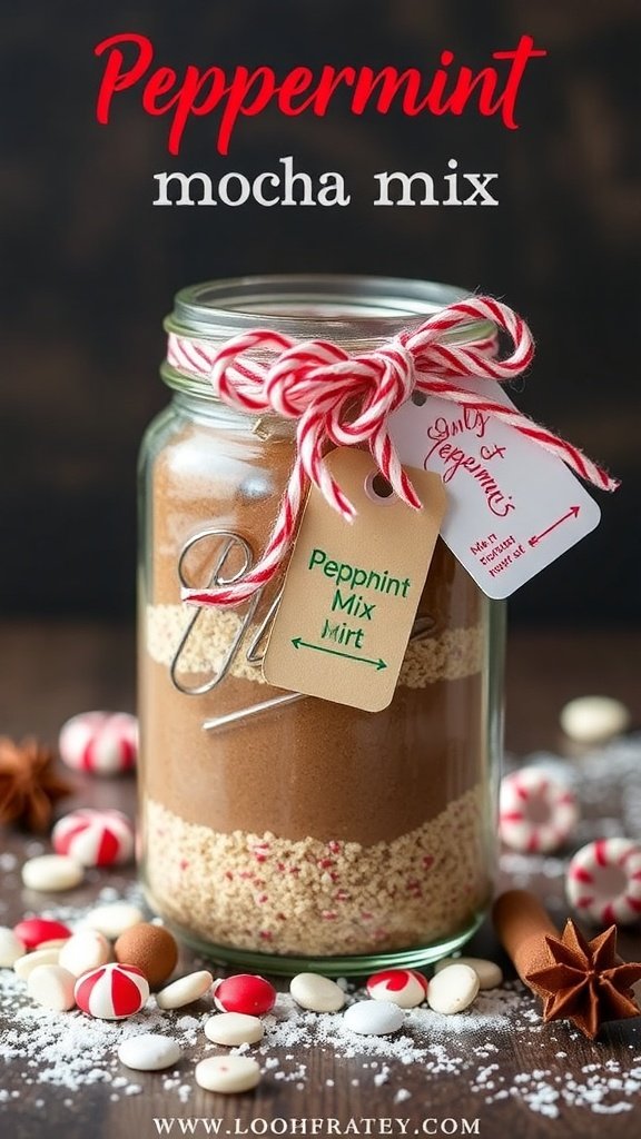 A jar of peppermint mocha mix with festive decorations and candy around it.