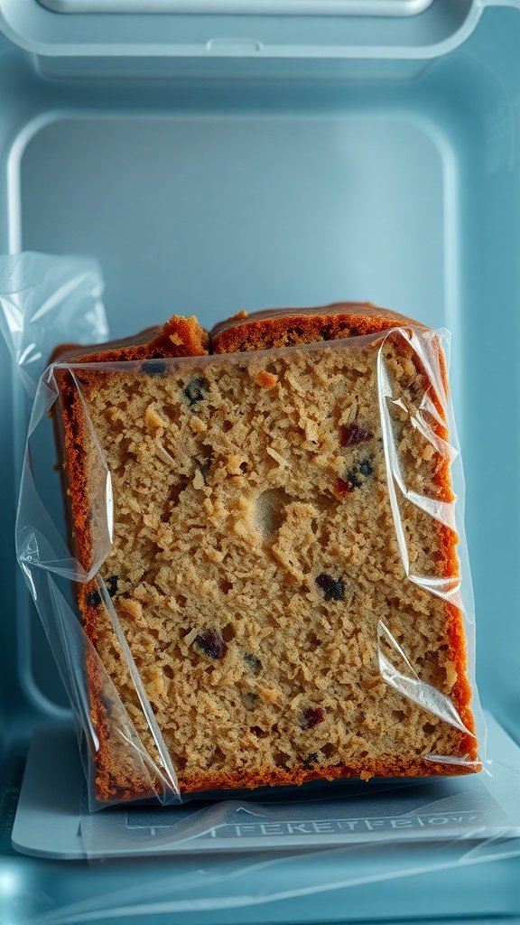 A slice of sour cream coffee cake wrapped in plastic, stored in a container.