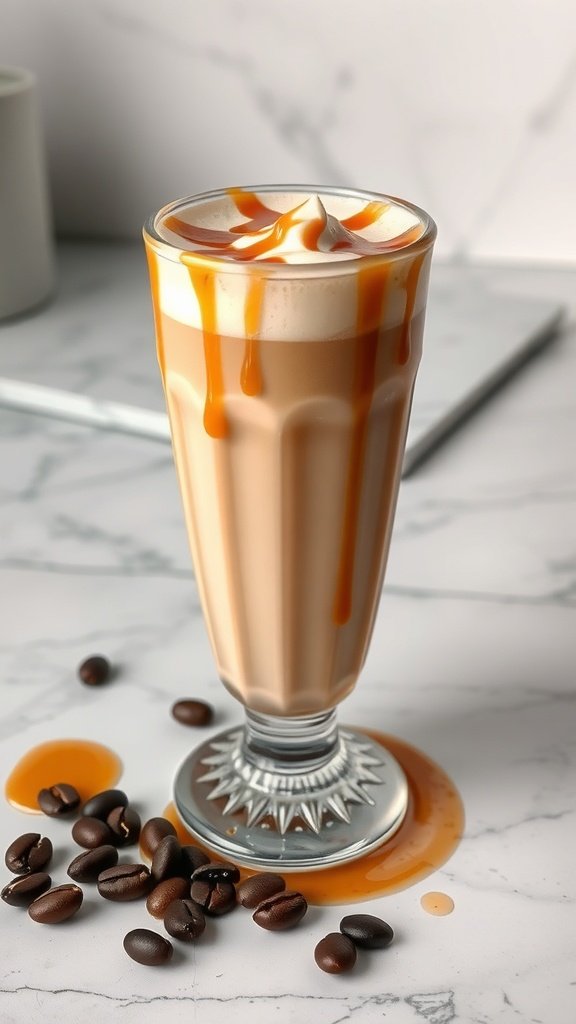 A Vanilla Caramel Latte topped with whipped cream and caramel drizzle, surrounded by coffee beans.