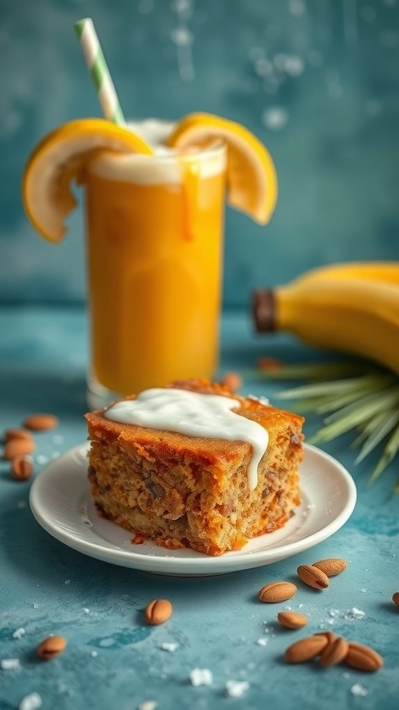 A slice of banana bread coffee cake topped with cream, next to a refreshing drink and bananas.