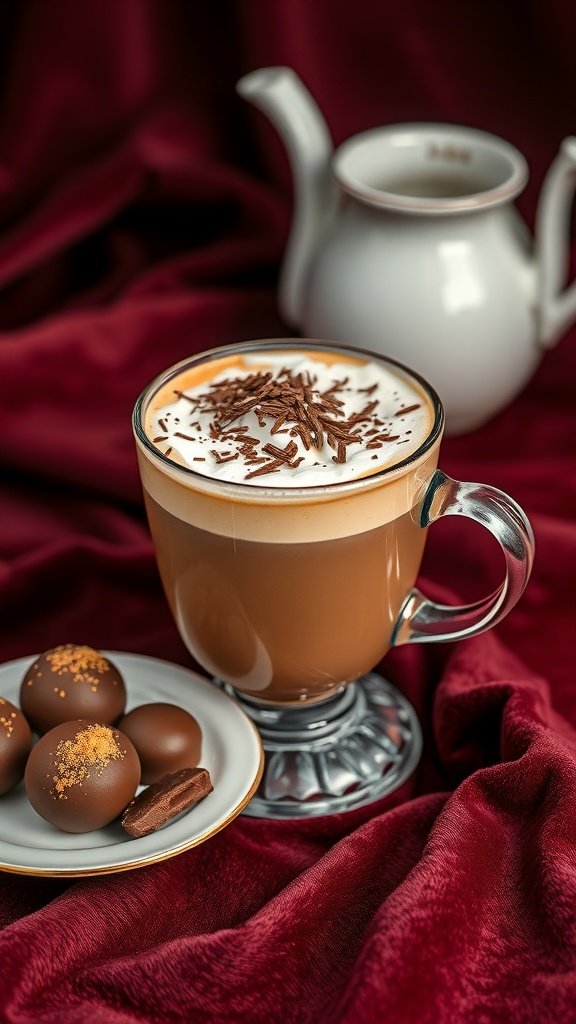 A luxurious vanilla latte topped with chocolate shavings, served with chocolate truffles on a plate.