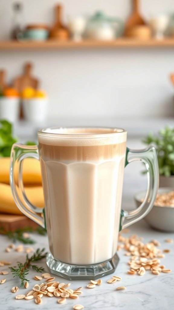 A glass of vanilla latte with oat milk, surrounded by oats and fresh ingredients.