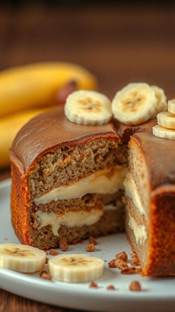 A close-up of a banana bread coffee cake with cream cheese filling and banana slices on top.