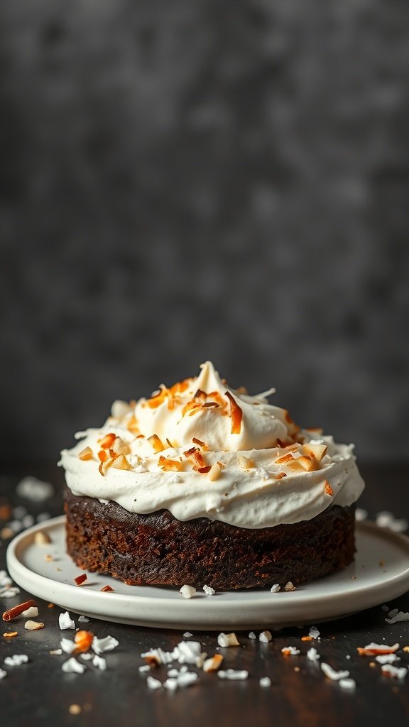 Chocolate cake topped with coconut whipped cream and toasted coconut flakes.