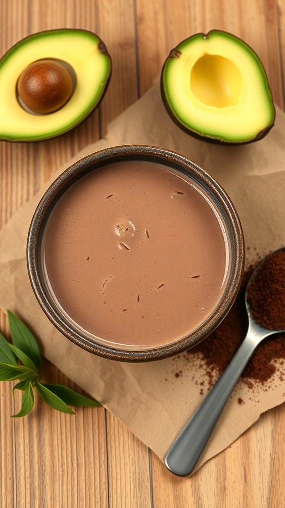 A bowl of avocado hot chocolate with avocado halves beside it.