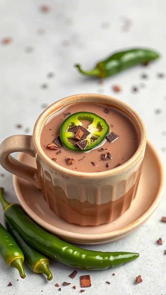 A cup of jalapeño hot chocolate topped with a slice of jalapeño and chocolate shavings, with green jalapeños beside it.