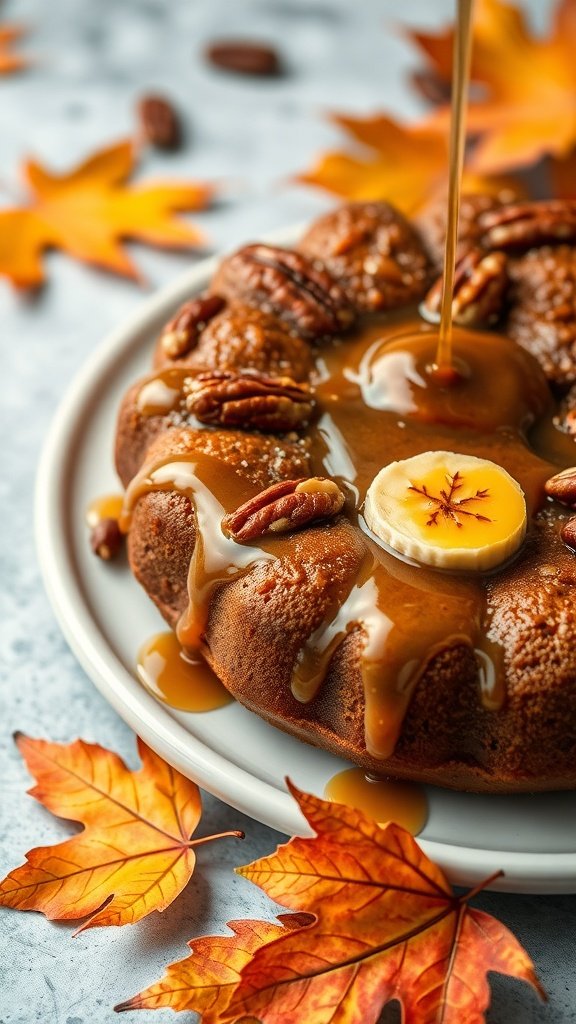 Banana bread coffee cake topped with syrupy maple pecan glaze and garnished with banana slices and pecans.
