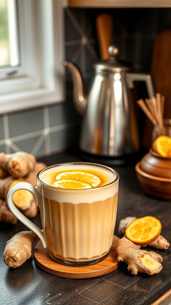A warm cup of Vanilla Latte with ginger, garnished with a slice of orange, surrounded by fresh ginger roots.