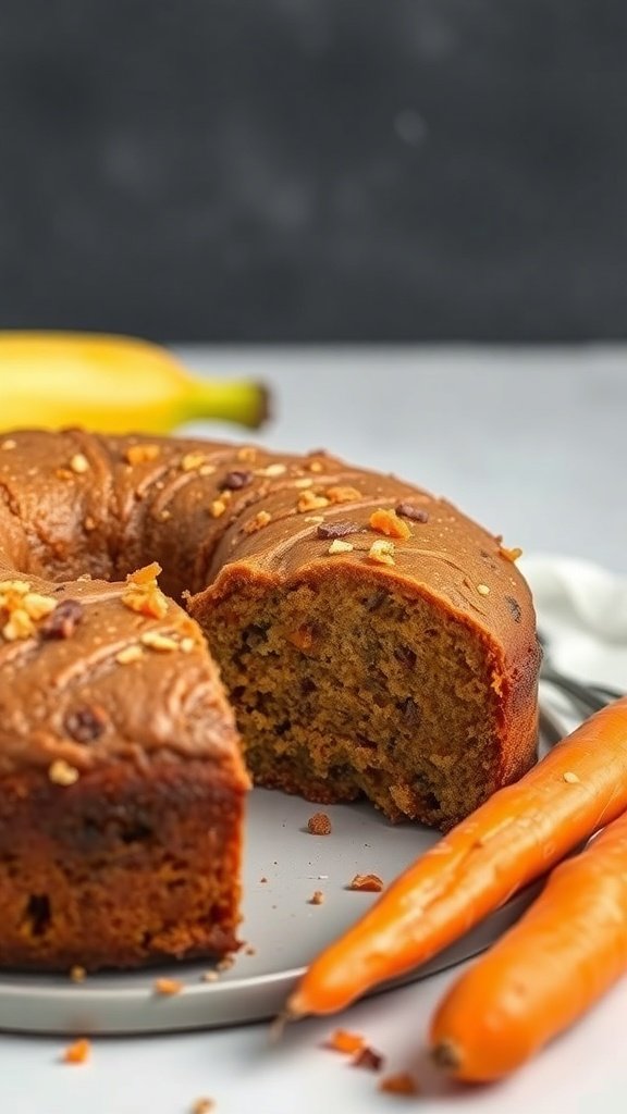 A delicious carrot banana coffee cake with a slice cut out, surrounded by fresh carrots and a banana.