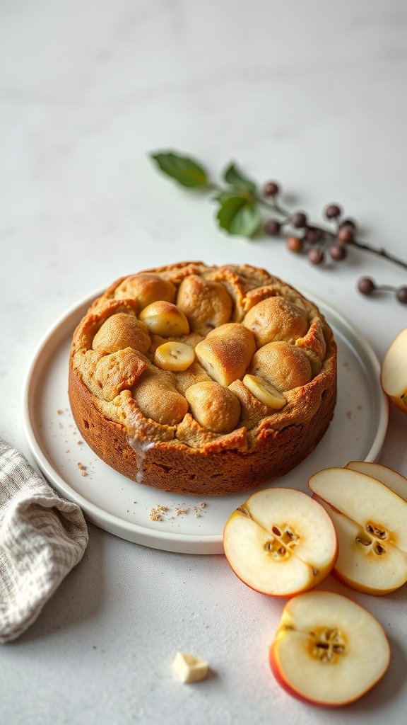 A delicious apple banana coffee cake on a plate with sliced apples beside it.