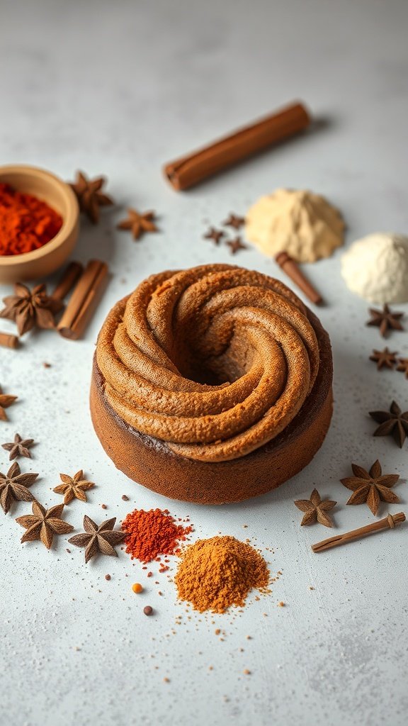 A beautifully decorated coffee cake surrounded by various spices.