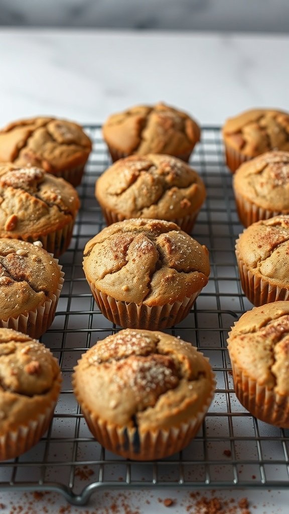 Freshly baked cinnamon coffee cake muffins cooling on a wire rack.