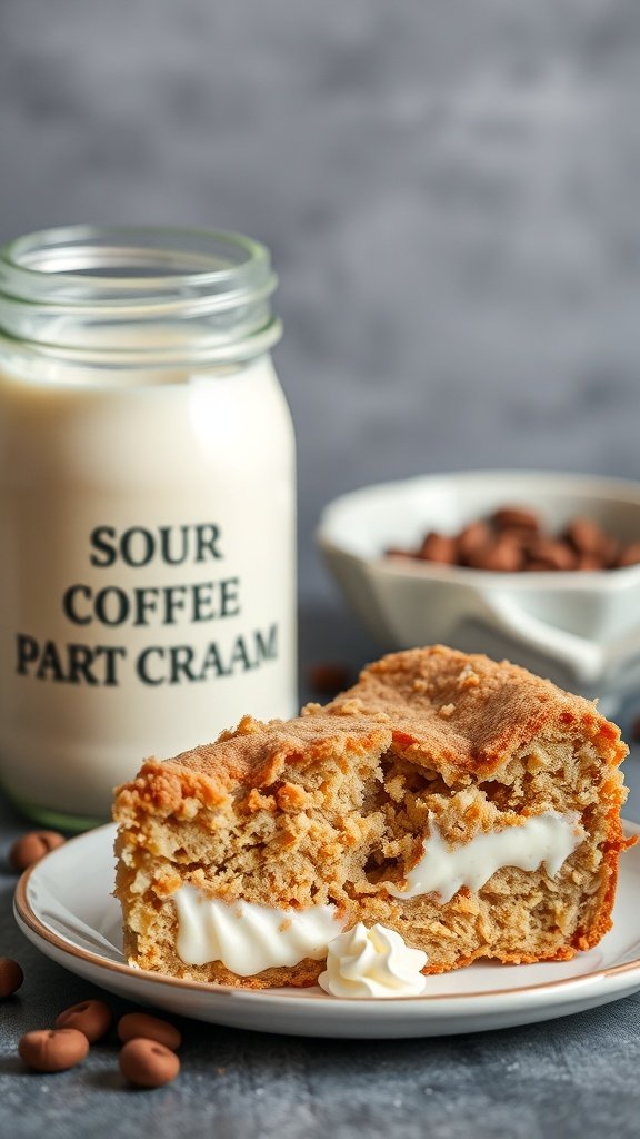 A slice of sour cream coffee cake on a plate with a jar of sour cream and coffee beans in the background.