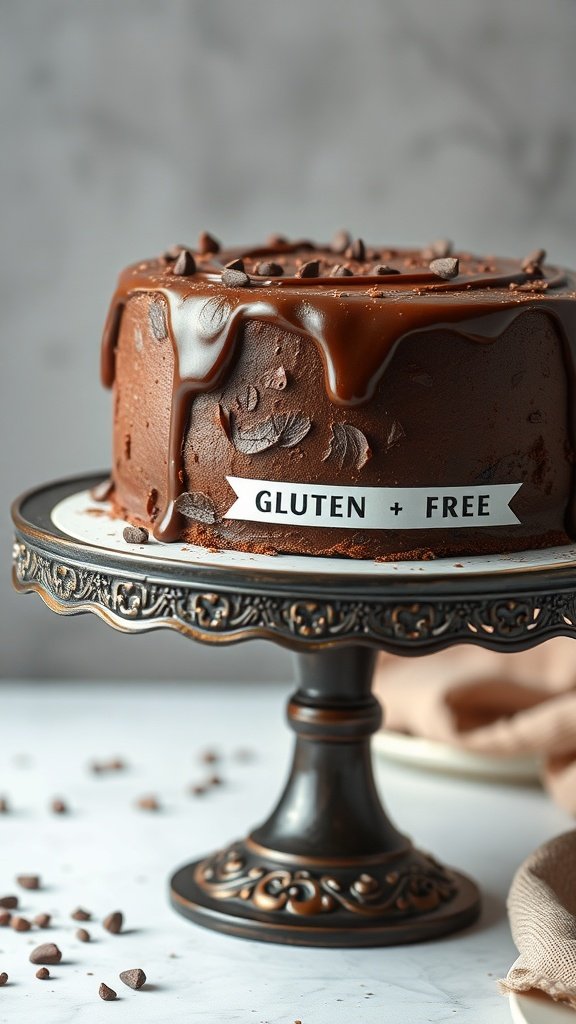 Gluten-free chocolate cake on a decorative stand