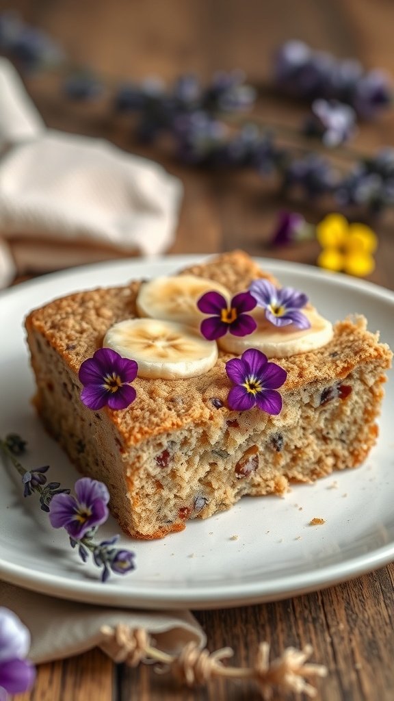 A slice of lavender infused banana cake topped with banana slices and edible flowers on a white plate.
