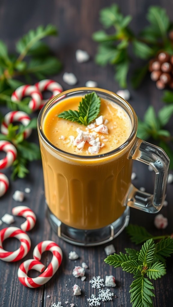 A Peppermint Golden Turmeric Latte in a glass mug, garnished with mint leaves and crushed peppermint candies, surrounded by candy canes and greenery.