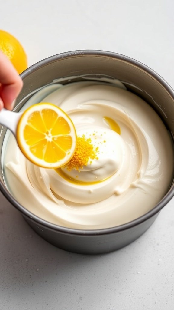 A lemon being squeezed over a bowl of creamy batter with sugar.