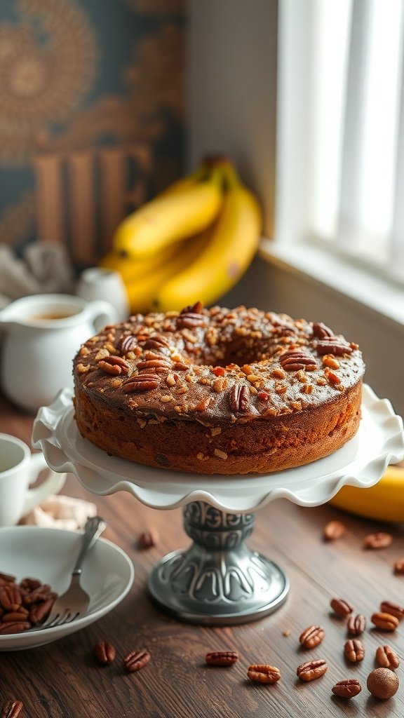Banana bread coffee cake topped with pecan praline on a decorative cake stand