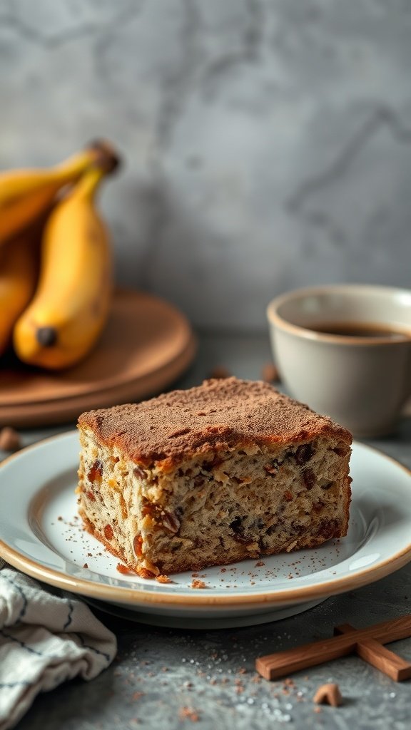 A slice of banana bread coffee cake on a plate with bananas and a cup of coffee in the background.