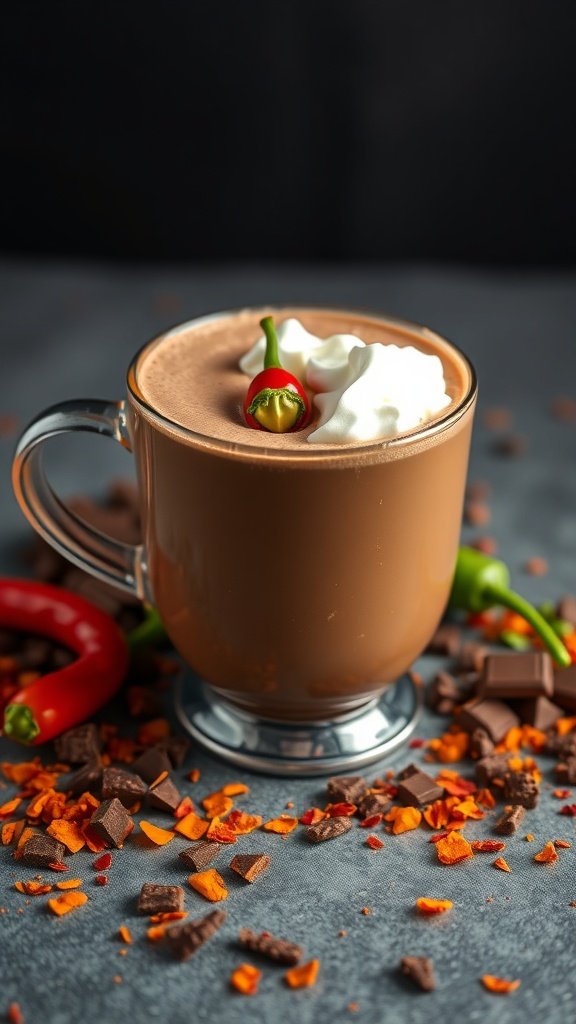 A cup of Mexican hot chocolate topped with whipped cream and a chili pepper, surrounded by chocolate pieces and chili flakes.