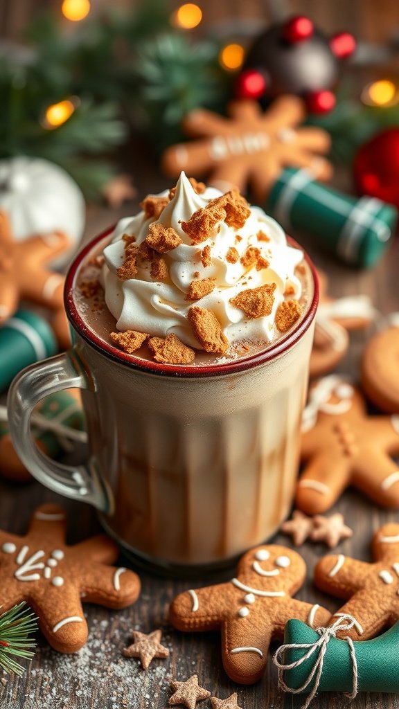 A cozy Gingerbread Mocha Latte topped with whipped cream and gingerbread crumbs, surrounded by festive decorations.