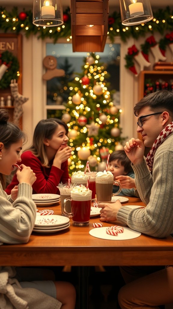A family enjoying peppermint mocha and holiday treats around a festive table.
