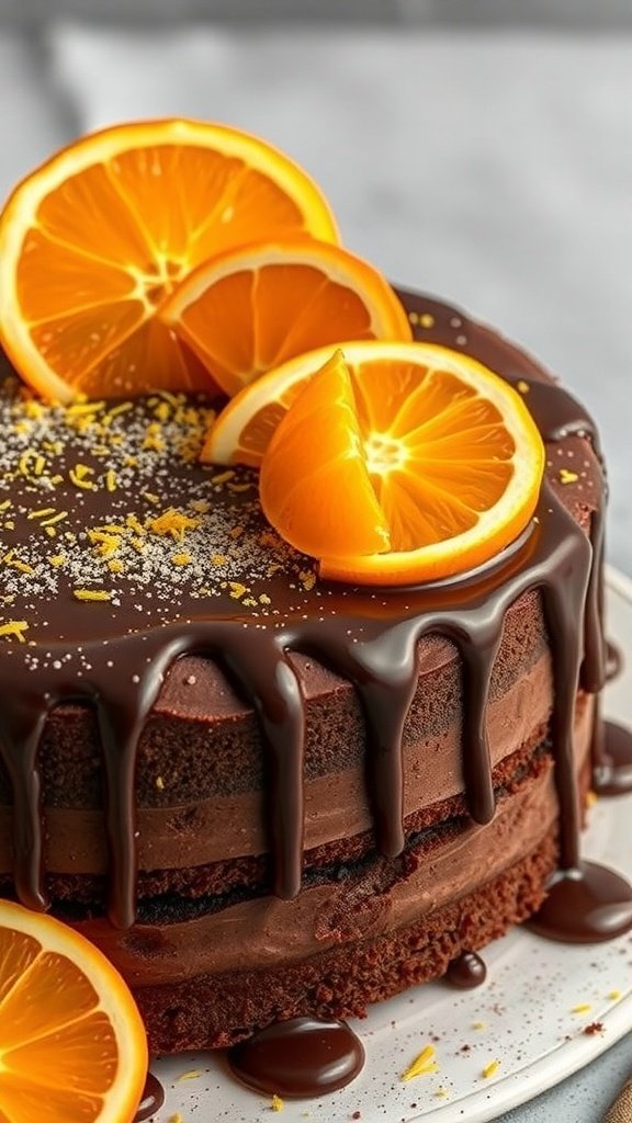 Chocolate cake topped with orange slices and chocolate drizzle.