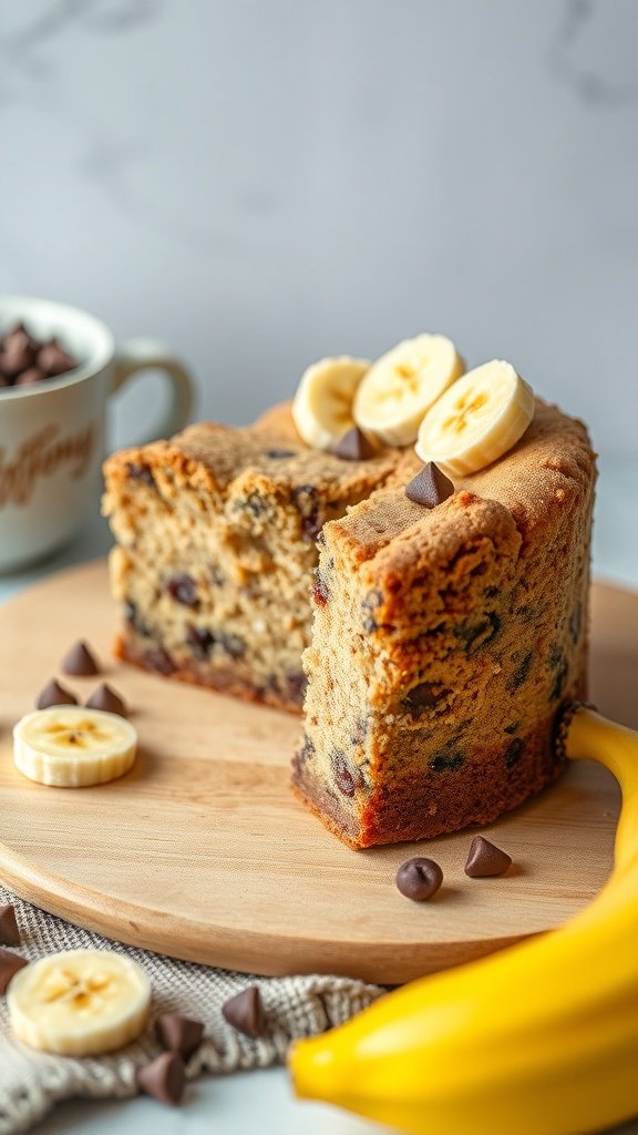 A slice of banana bread coffee cake with chocolate chips and banana slices on top.