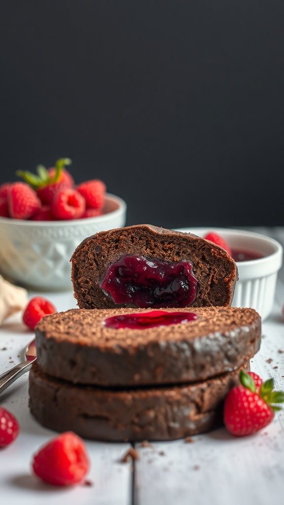 Chocolate cake slices with raspberry filling and fresh raspberries