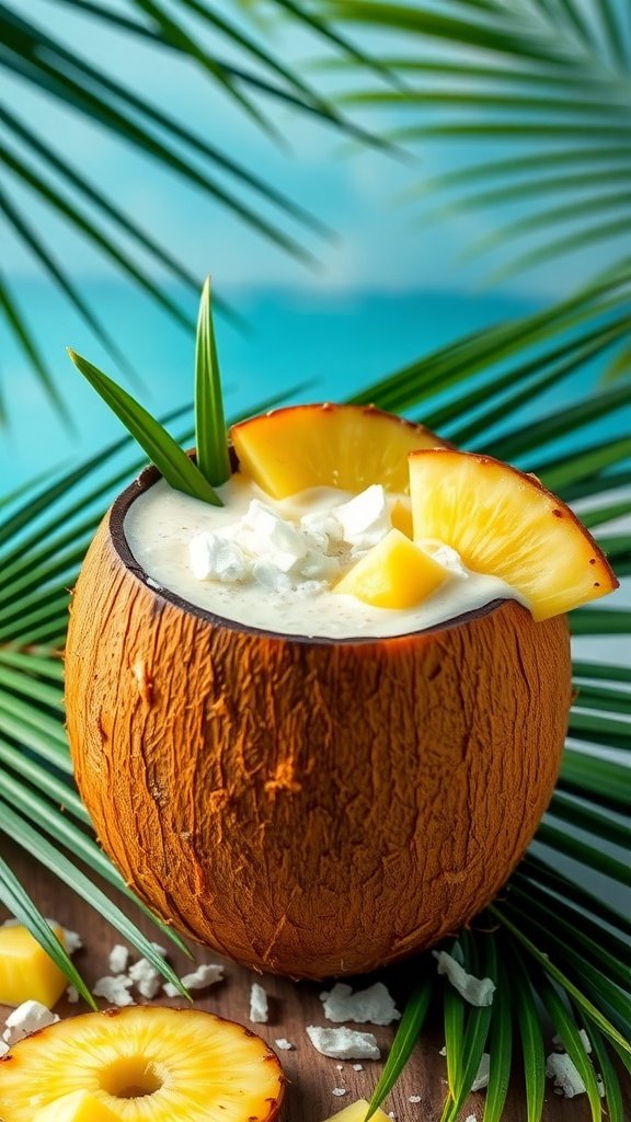 A tropical hot chocolate served in a coconut shell with pineapple and coconut garnishes.