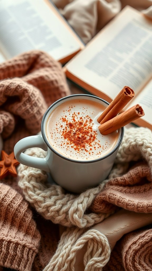 A cozy cup of cinnamon-infused spicy cayenne mocha surrounded by warm blankets and books.