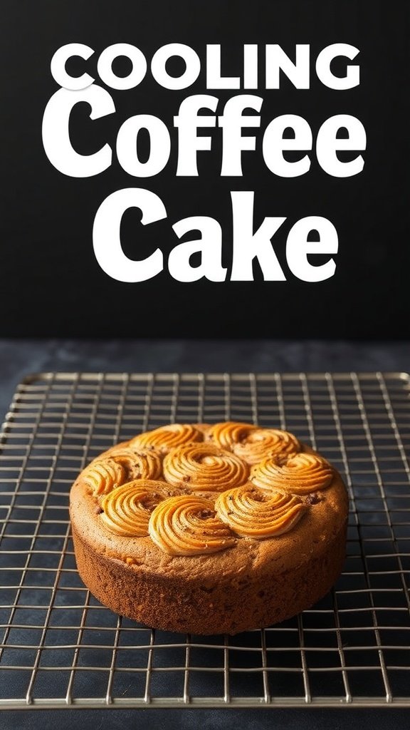A freshly baked coffee cake cooling on a wire rack.