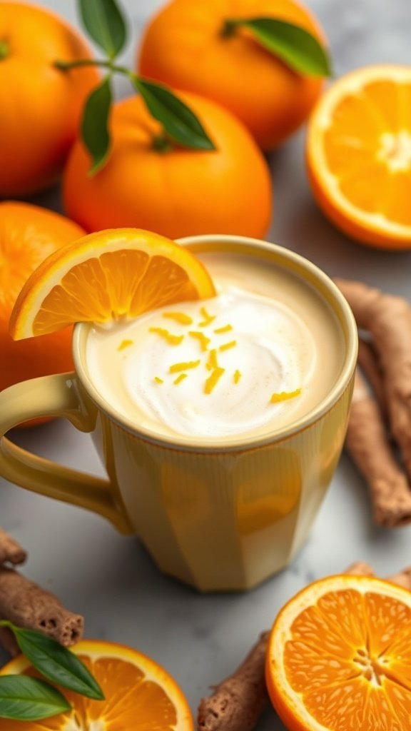 A vibrant orange and turmeric latte garnished with an orange slice and zest, surrounded by fresh oranges.
