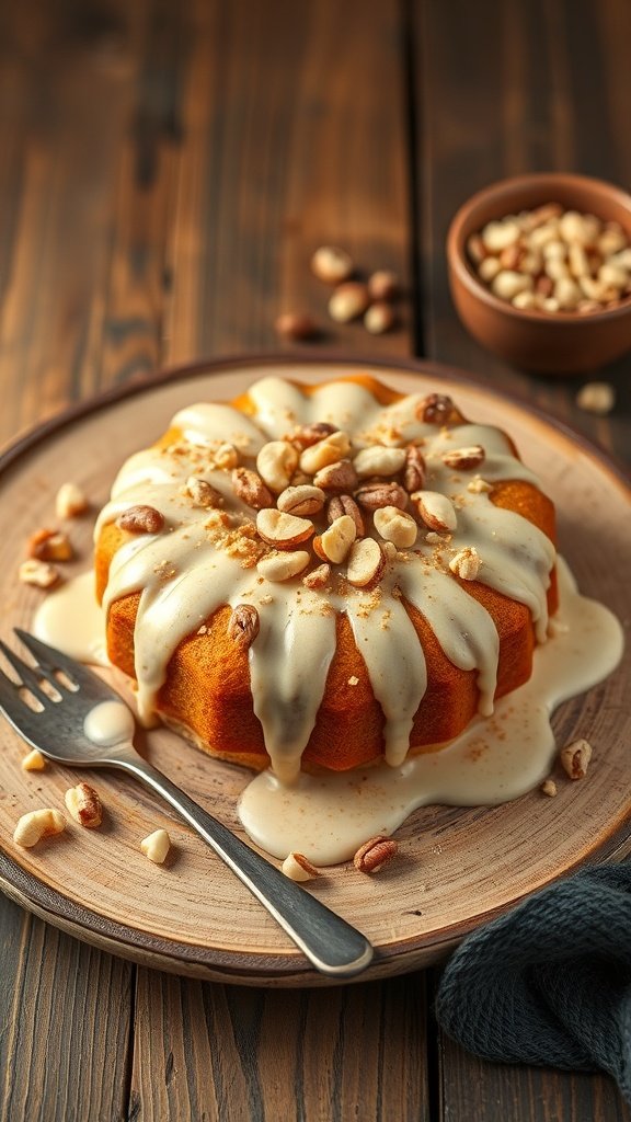 A moist sour cream coffee cake topped with a creamy glaze and chopped nuts on a wooden plate.