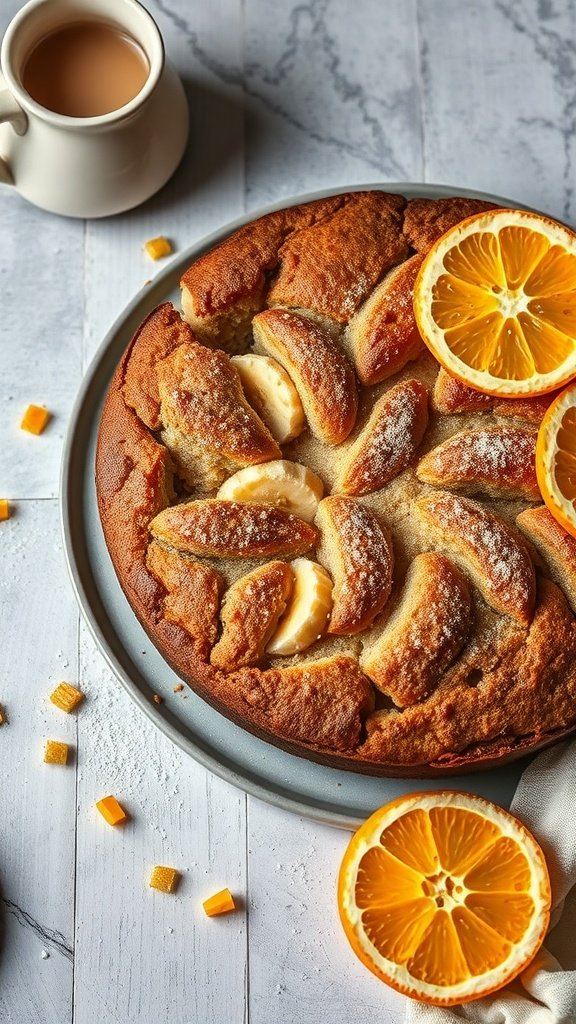 A delicious banana bread coffee cake topped with orange slices and served with a cup of coffee.