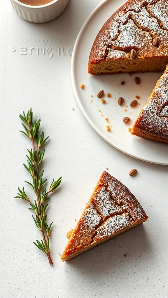 A slice of sour cream coffee cake with a sprig of fresh herb beside it.