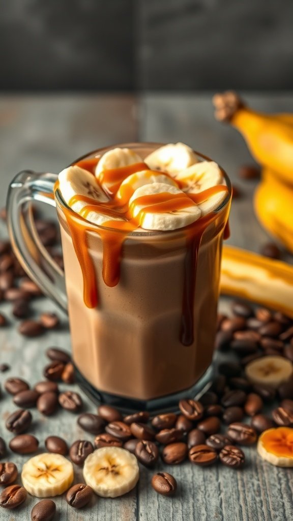 A delicious Caramelized Banana Mocha Latte topped with banana slices and caramel drizzle, surrounded by coffee beans.
