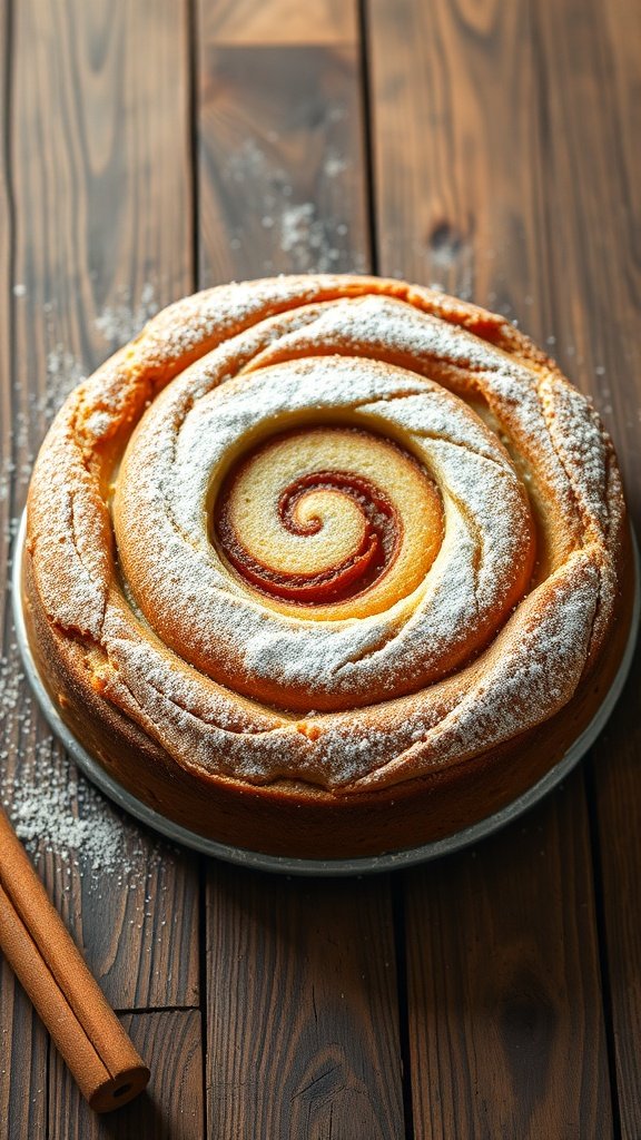 A beautifully baked cinnamon swirl cake dusted with powdered sugar on a wooden table.