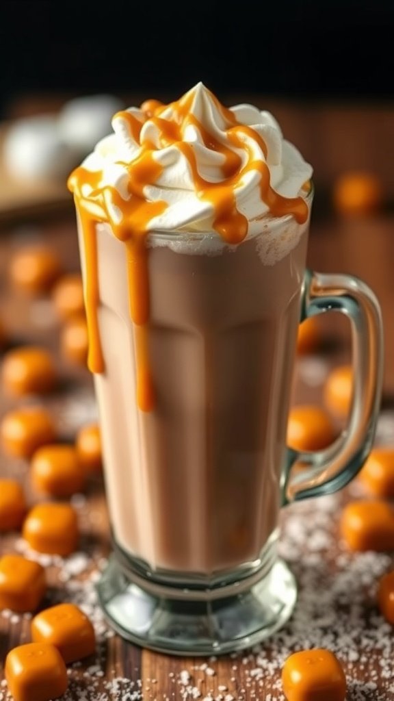 A glass of caramel-drizzled hot chocolate topped with whipped cream, surrounded by caramel candies.