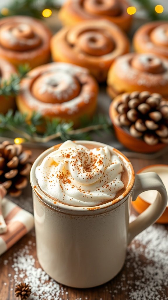 A cozy Cinnamon Roll Eggnog Latte topped with whipped cream and cinnamon, with cinnamon rolls in the background.