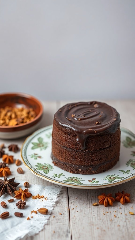 Chocolate cake with cardamom flavor on a decorative plate surrounded by spices.