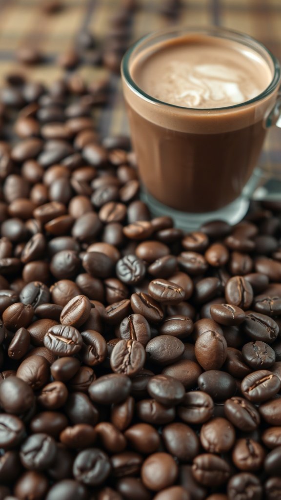 A glass of mocha coffee surrounded by coffee beans.