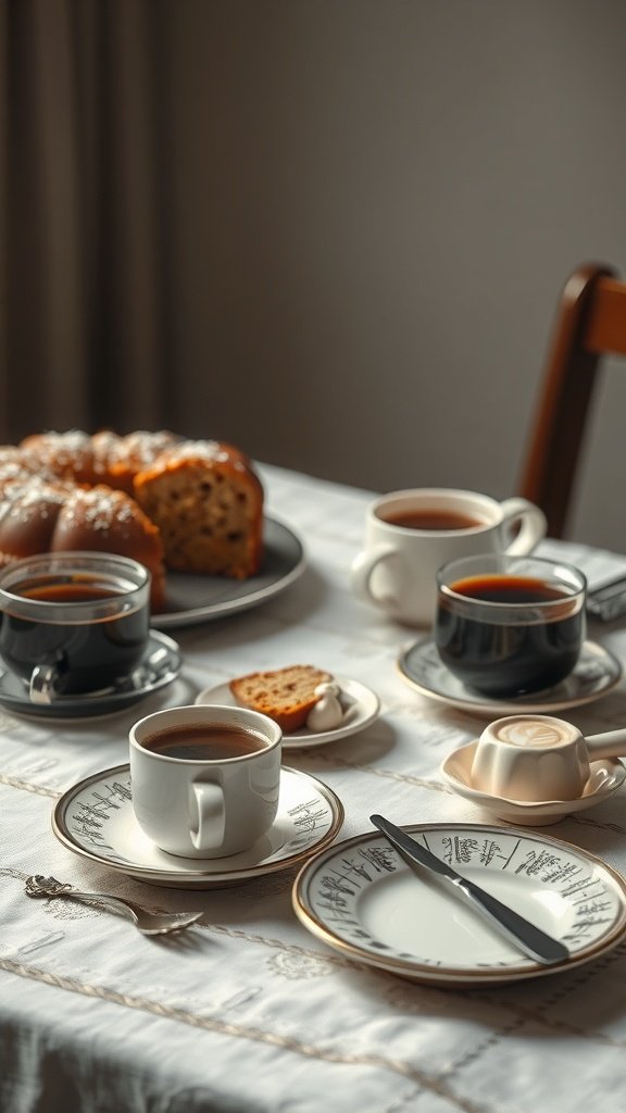 A table set with coffee, tea, and slices of sour cream coffee cake.