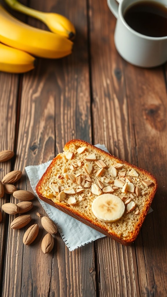 Banana bread coffee cake with almonds and bananas, coffee cup in the background