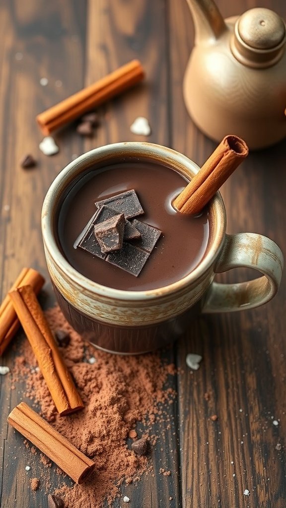 A cozy cup of Mexican hot chocolate with dark chocolate pieces and cinnamon sticks on a wooden table.